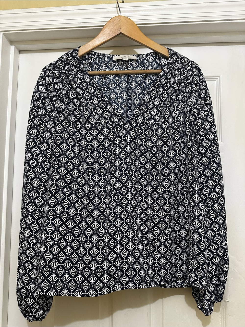 LOFT Blue and White Geometric Print Long-Sleeve Blouse
